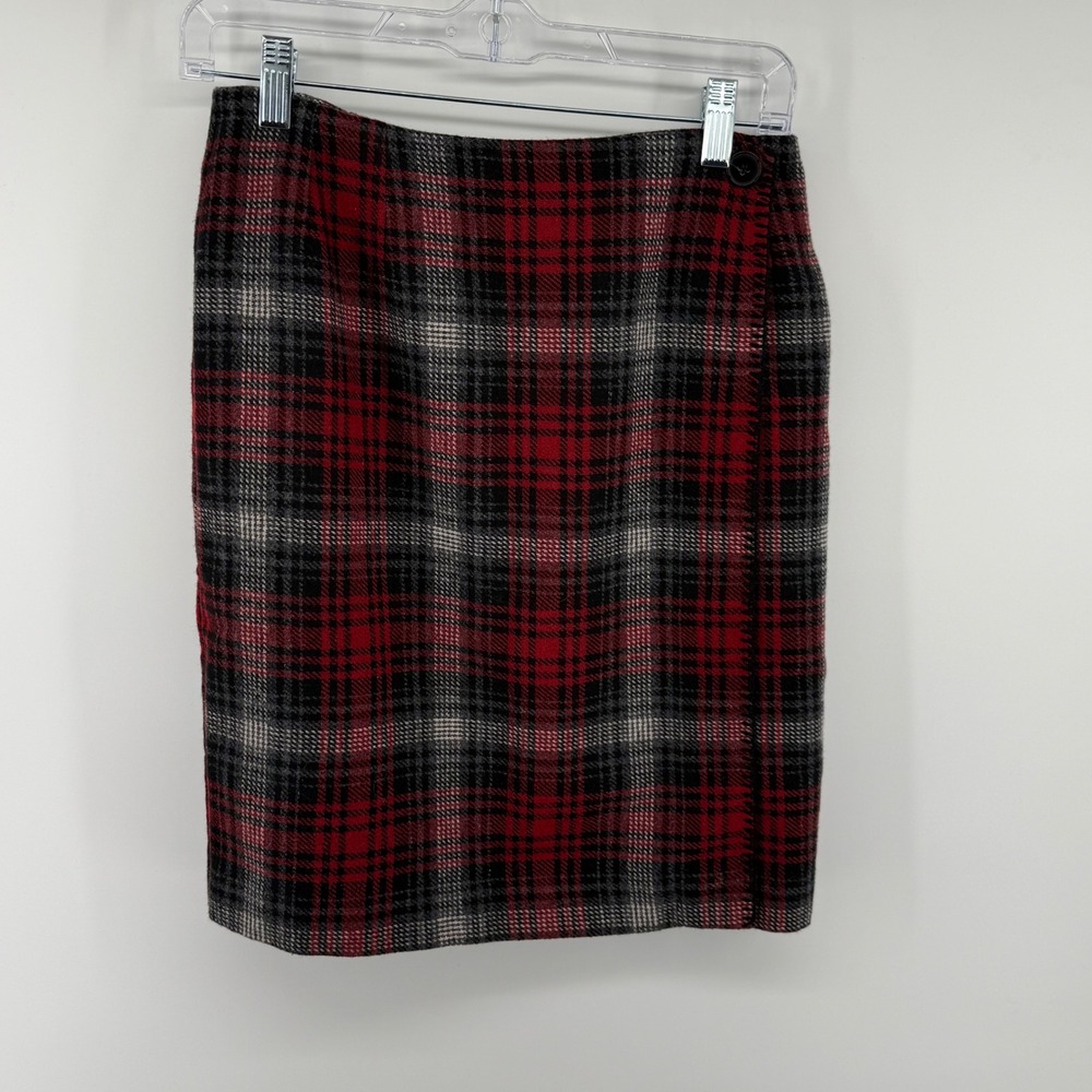 Vintage Wool Blend Herman Geist Red Black Plaid Wrap Pencil Skirt Size 8 Preppy‎